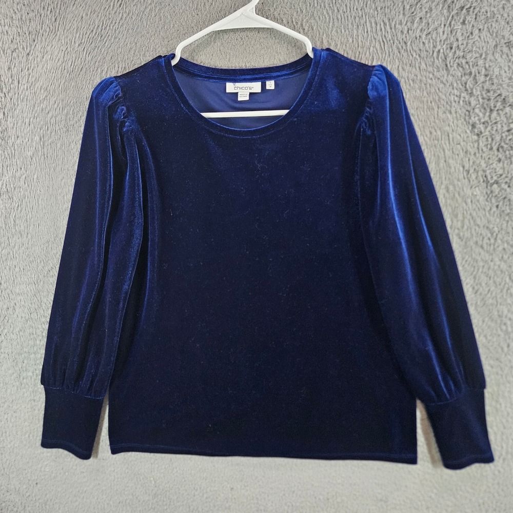 Chicos Blue Velvet Puff Shoulder Long Sleeve Top Size 1 Medium Crew Neck Blouse
